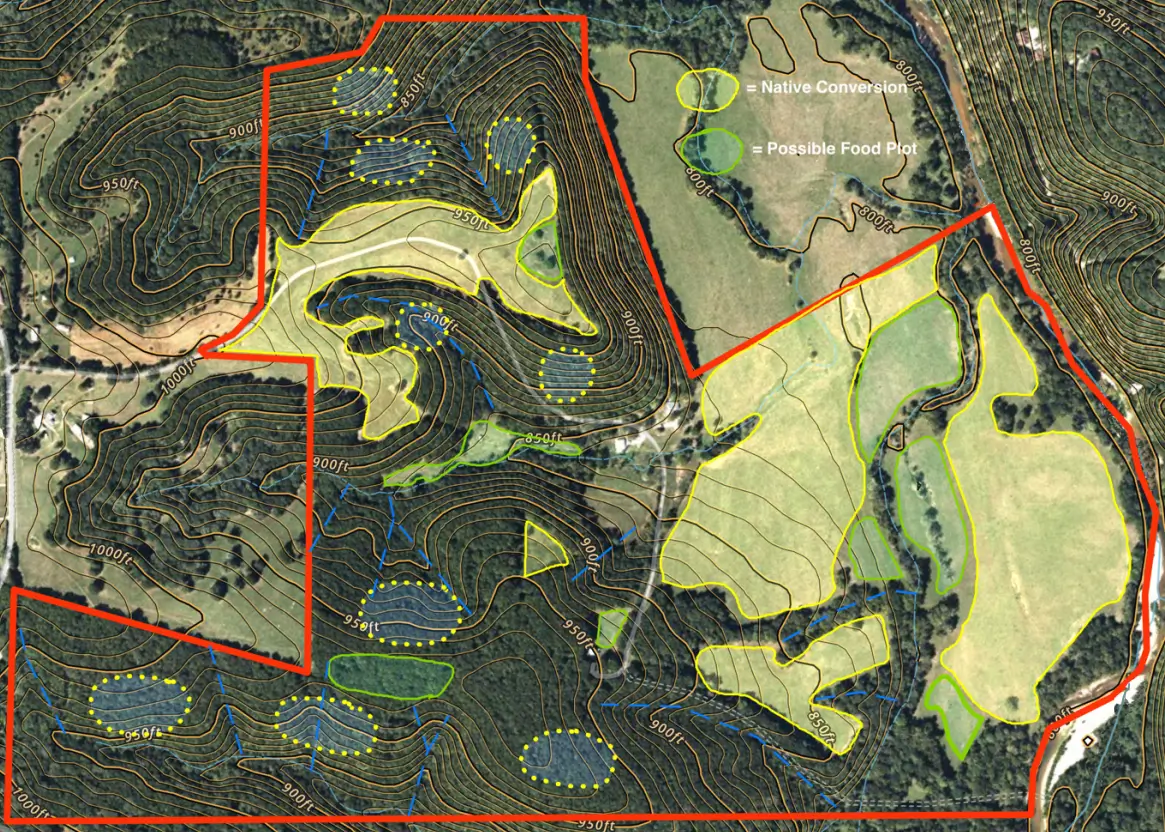 Management plan map of a conservation area with overlayed outlines for conversion and food plots